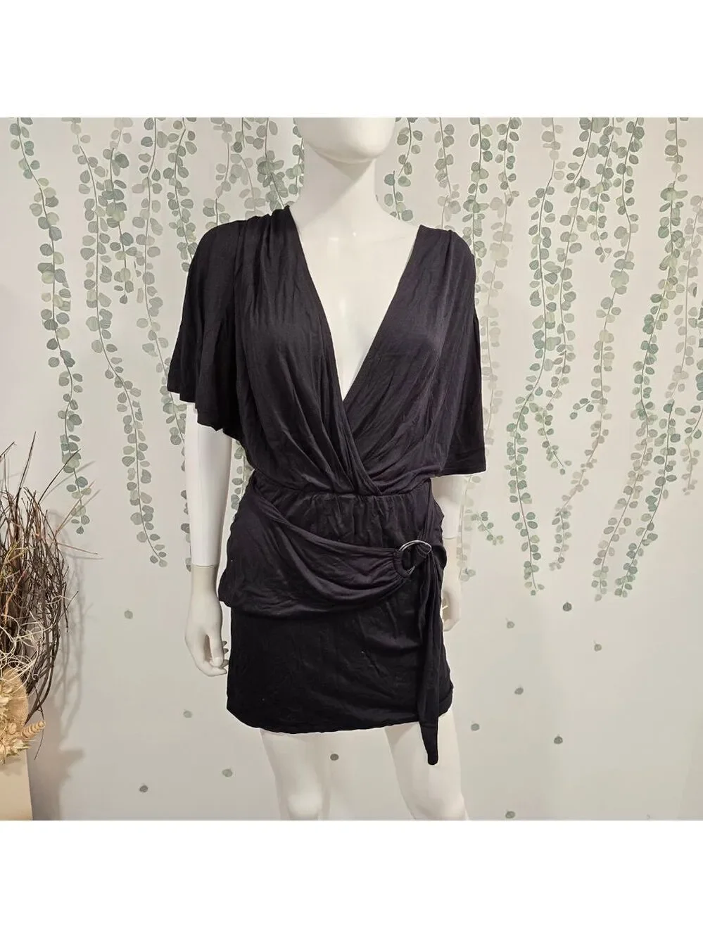 Free People Chelsea Knit Black Wrap Mini Dress NWT Small Kimono Sleeve